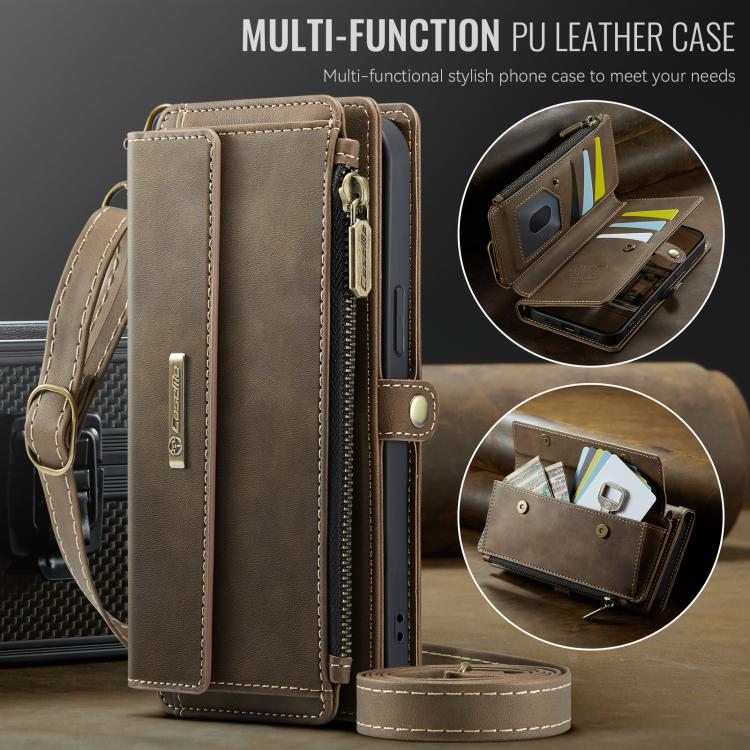 For iPhone 14 CaseMe C39 RFID Blocking Zipper Wallet Leather Phone Case with Crossbody Strap