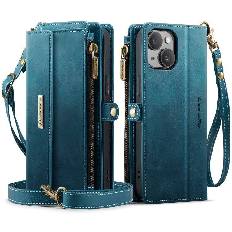For iPhone 14 CaseMe C39 RFID Blocking Zipper Wallet Leather Phone Case with Crossbody Strap