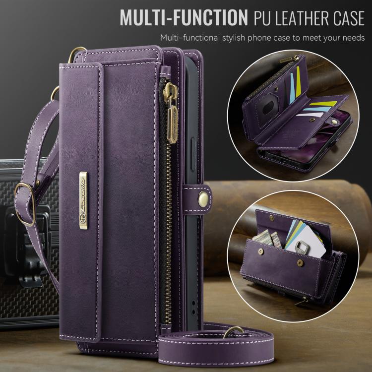 For iPhone 14 CaseMe C39 RFID Blocking Zipper Wallet Leather Phone Case with Crossbody Strap