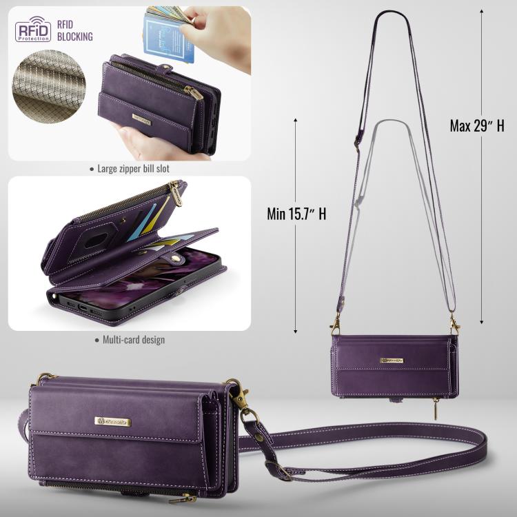 For iPhone 14 CaseMe C39 RFID Blocking Zipper Wallet Leather Phone Case with Crossbody Strap