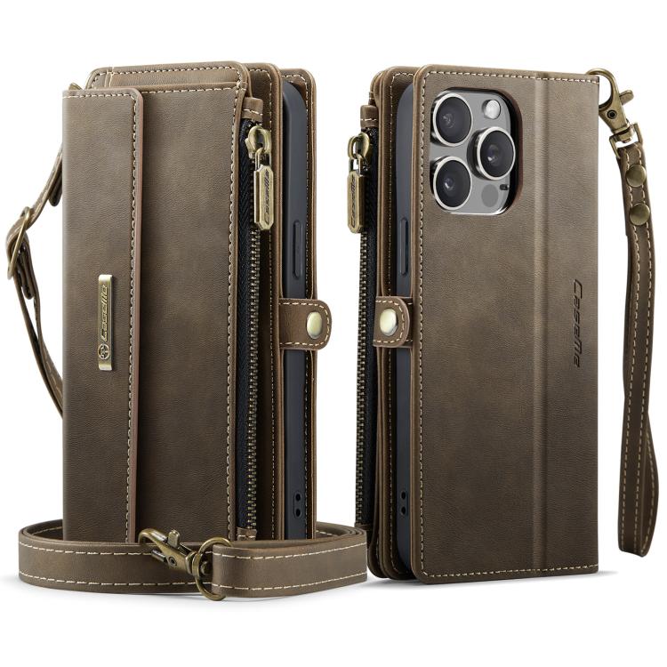 For iPhone 14 Pro CaseMe C39 RFID Blocking Zipper Wallet Leather Phone Case with Crossbody Strap