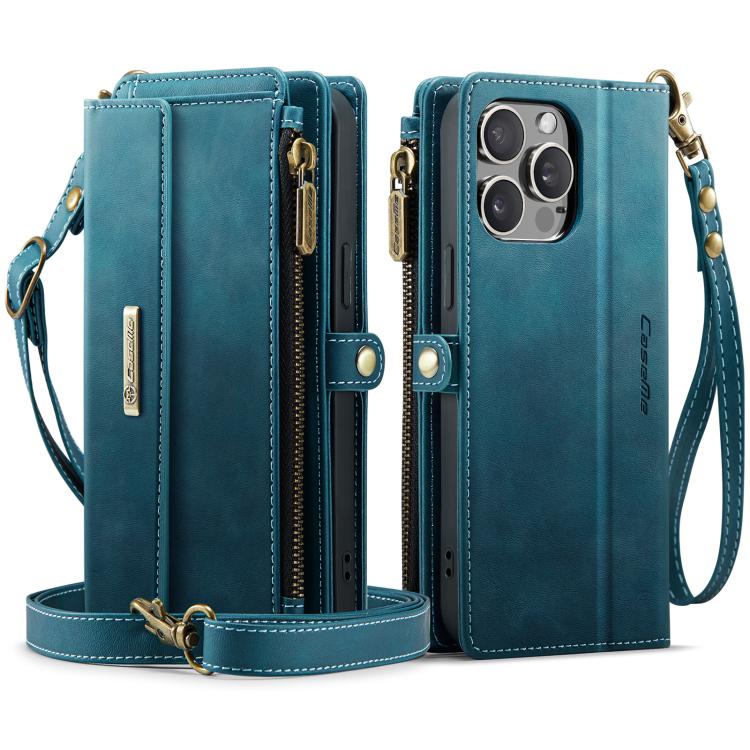For iPhone 13 Pro Max CaseMe C39 RFID Blocking Zipper Wallet Leather Phone Case with Crossbody Strap