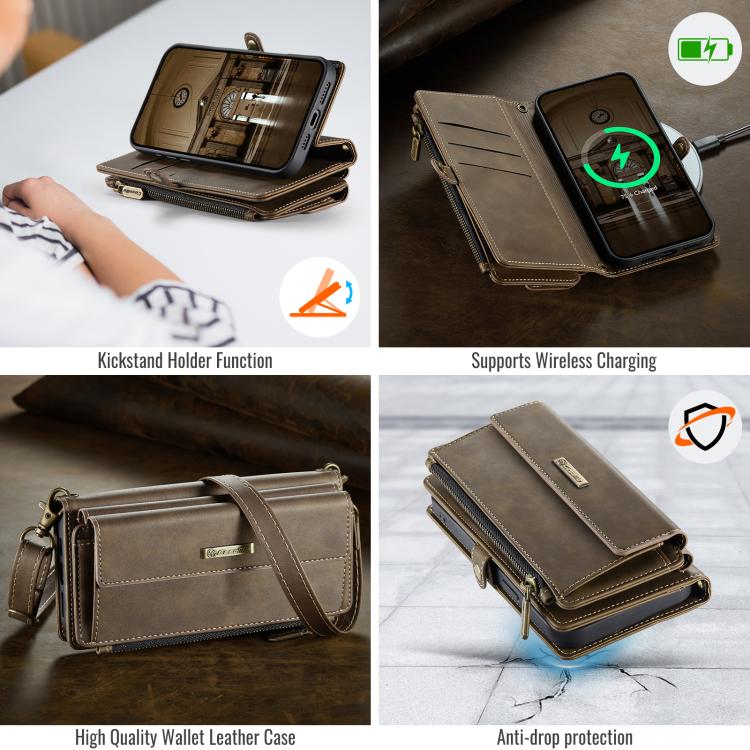 For iPhone 13 Pro CaseMe C39 RFID Blocking Zipper Wallet Leather Phone Case with Crossbody Strap