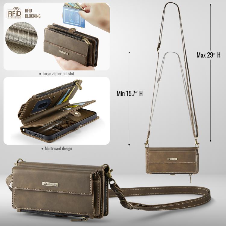 For iPhone 13 Pro CaseMe C39 RFID Blocking Zipper Wallet Leather Phone Case with Crossbody Strap
