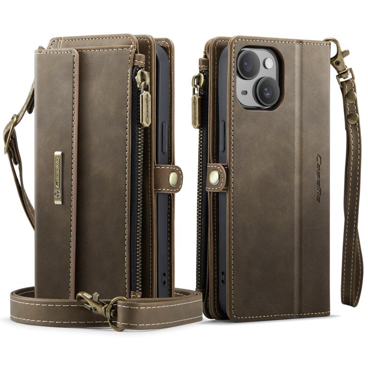 For iPhone 13 CaseMe C39 RFID Blocking Zipper Wallet Leather Phone Case with Crossbody Strap