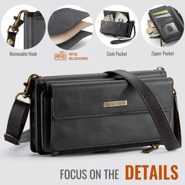 For iPhone 13 mini CaseMe C39 RFID Blocking Zipper Wallet Leather Phone Case with Crossbody Strap