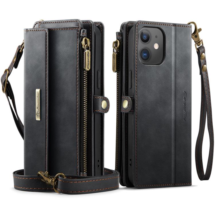 For iPhone 12 / 12 Pro CaseMe C39 RFID Blocking Zipper Wallet Leather Phone Case with Crossbody Strap