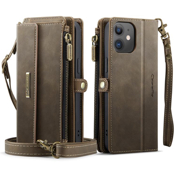 For iPhone 12 mini CaseMe C39 RFID Blocking Zipper Wallet Leather Phone Case with Crossbody Strap