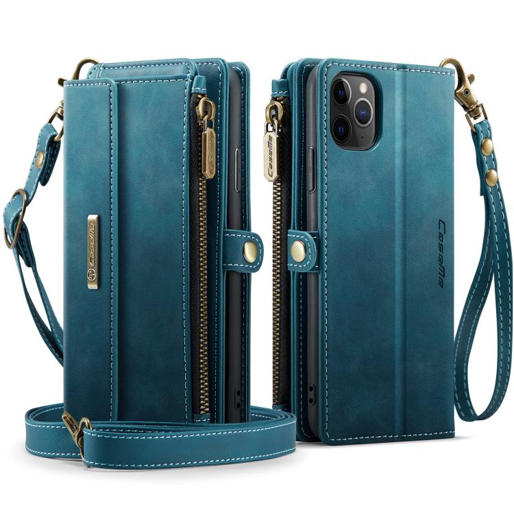 For iPhone 11 Pro Max CaseMe C39 RFID Blocking Zipper Wallet Leather Phone Case with Crossbody Strap