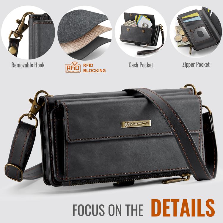 For iPhone 11 Pro CaseMe C39 RFID Blocking Zipper Wallet Leather Phone Case with Crossbody Strap