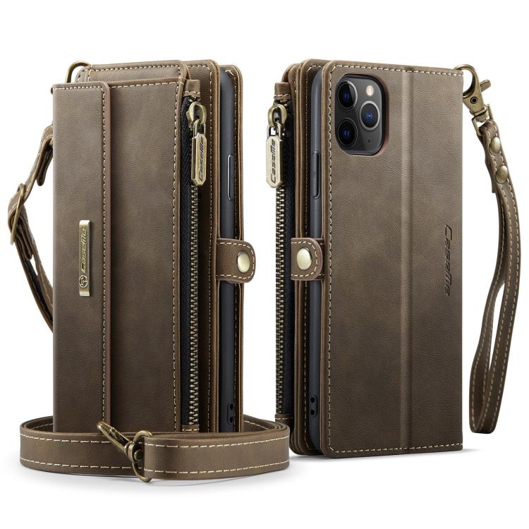 For iPhone 11 Pro CaseMe C39 RFID Blocking Zipper Wallet Leather Phone Case with Crossbody Strap
