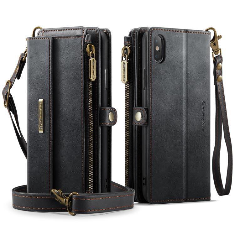For iPhone X / XS CaseMe C39 RFID Blocking Zipper Wallet Leather Phone Case with Crossbody Strap