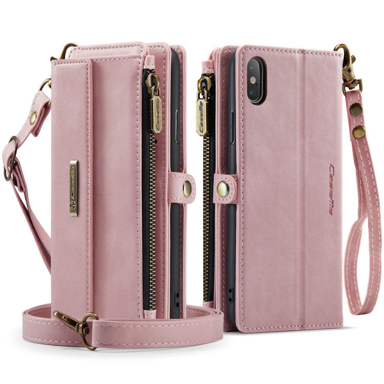 For iPhone XS Max CaseMe C39 RFID Blocking Zipper Wallet Leather Phone Case with Crossbody Strap