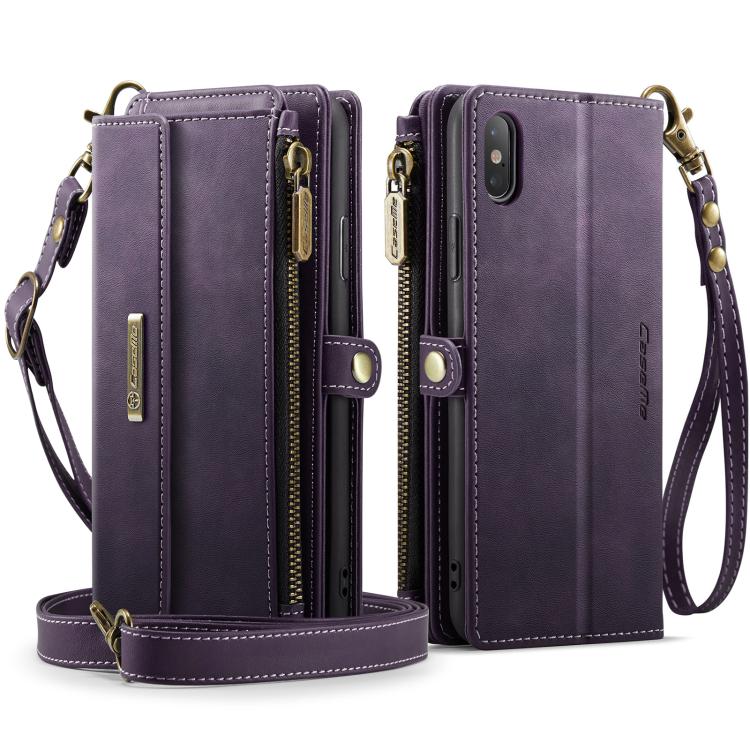 For iPhone XS Max CaseMe C39 RFID Blocking Zipper Wallet Leather Phone Case with Crossbody Strap