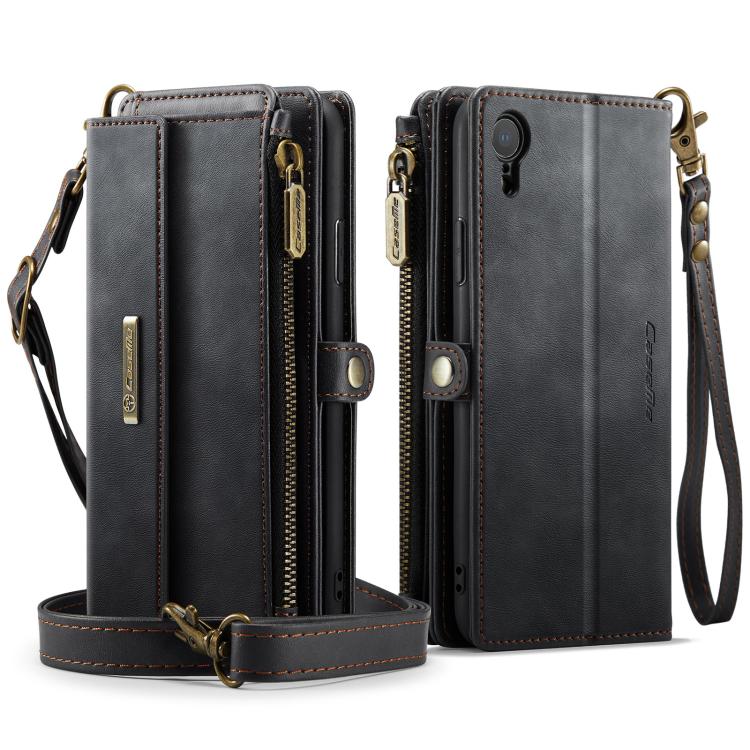 For iPhone XR CaseMe C39 RFID Blocking Zipper Wallet Leather Phone Case with Crossbody Strap
