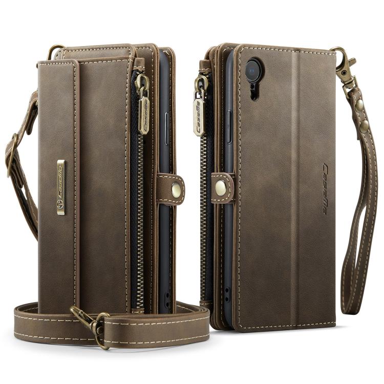 For iPhone XR CaseMe C39 RFID Blocking Zipper Wallet Leather Phone Case with Crossbody Strap