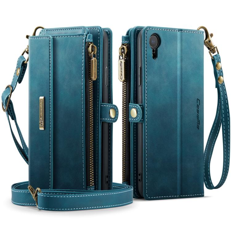 For iPhone XR CaseMe C39 RFID Blocking Zipper Wallet Leather Phone Case with Crossbody Strap