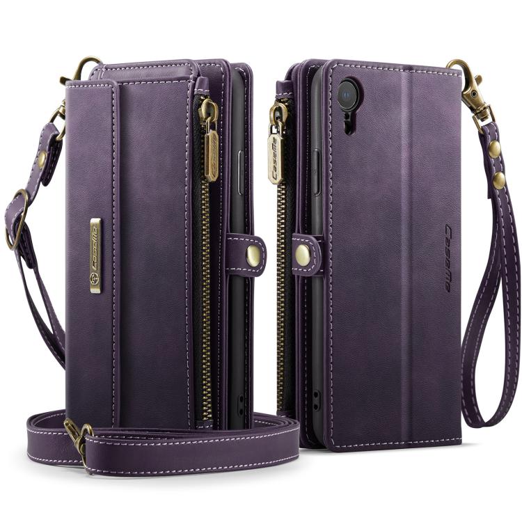 For iPhone XR CaseMe C39 RFID Blocking Zipper Wallet Leather Phone Case with Crossbody Strap
