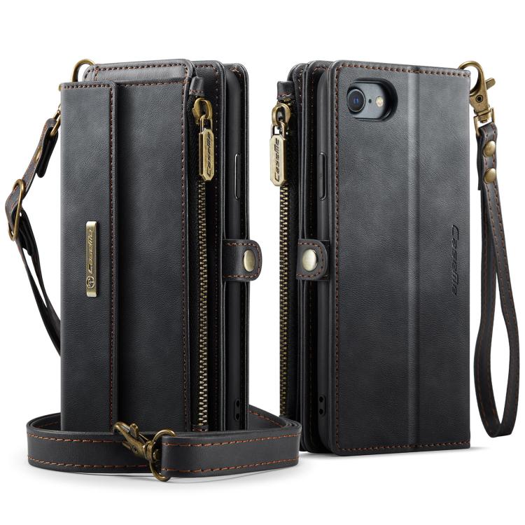 For iPhone 7 / 8 / SE 2022 CaseMe C39 RFID Blocking Zipper Wallet Leather Phone Case with Crossbody Strap