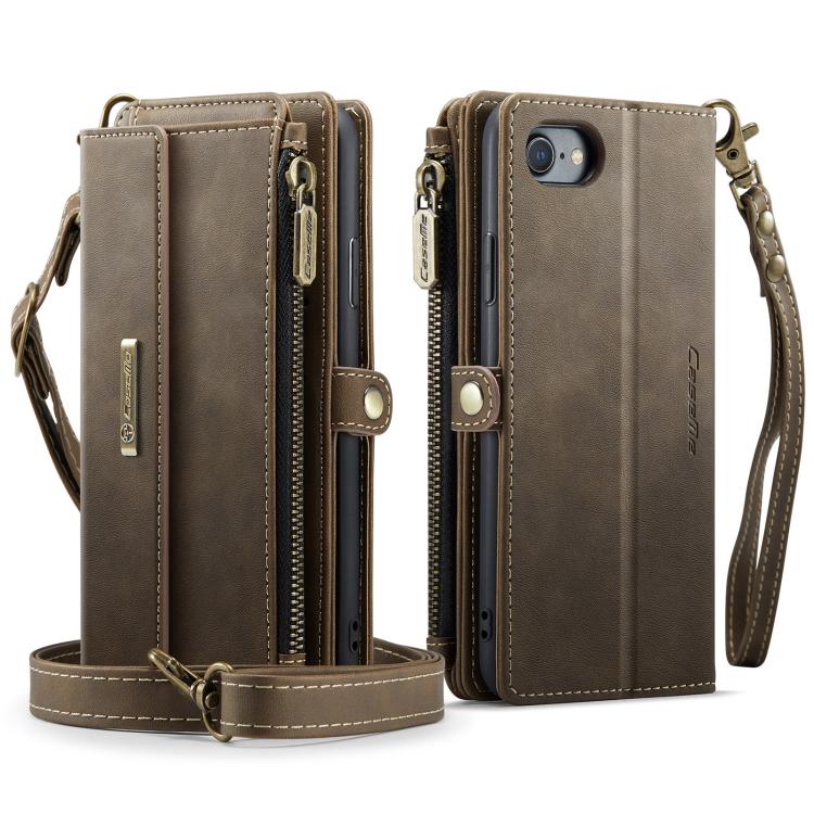 For iPhone 7 / 8 / SE 2022 CaseMe C39 RFID Blocking Zipper Wallet Leather Phone Case with Crossbody Strap