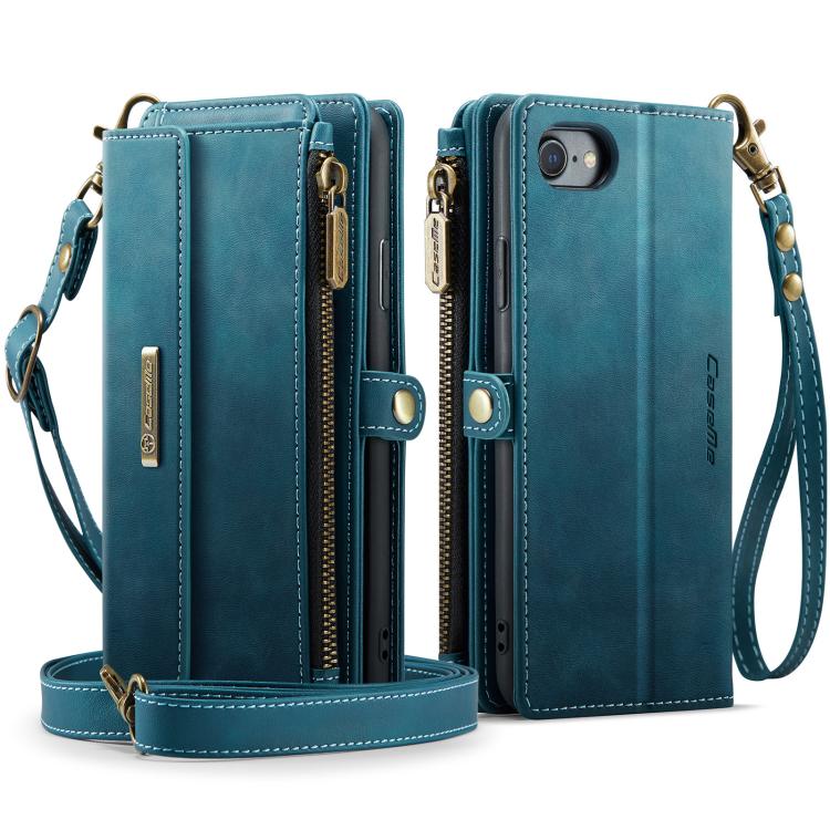 For iPhone 7 / 8 / SE 2022 CaseMe C39 RFID Blocking Zipper Wallet Leather Phone Case with Crossbody Strap