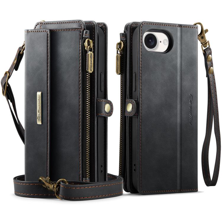For iPhone 17e / 16e CaseMe C39 RFID Blocking Zipper Wallet Leather Phone Case with Crossbody Strap