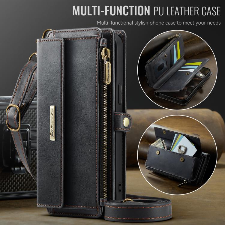 For iPhone 17e / 16e CaseMe C39 RFID Blocking Zipper Wallet Leather Phone Case with Crossbody Strap