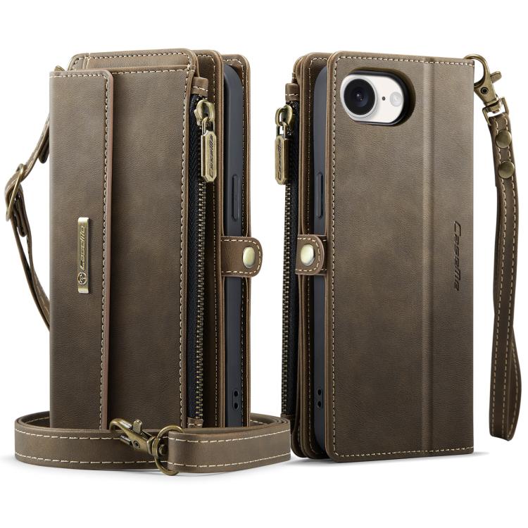 For iPhone 17e / 16e CaseMe C39 RFID Blocking Zipper Wallet Leather Phone Case with Crossbody Strap