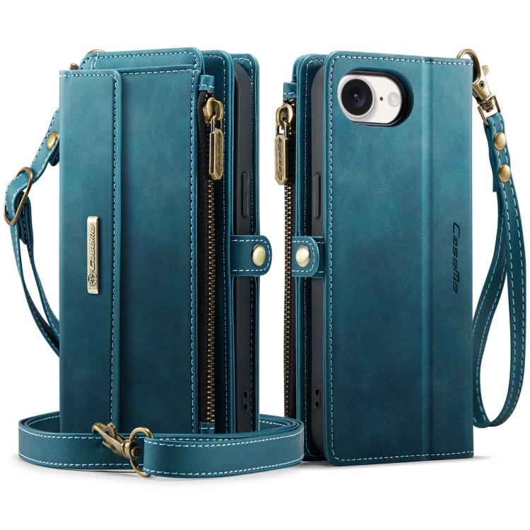 For iPhone 17e / 16e CaseMe C39 RFID Blocking Zipper Wallet Leather Phone Case with Crossbody Strap