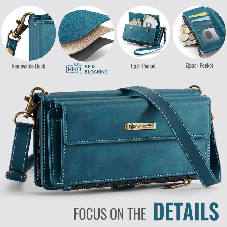 For iPhone 17e / 16e CaseMe C39 RFID Blocking Zipper Wallet Leather Phone Case with Crossbody Strap
