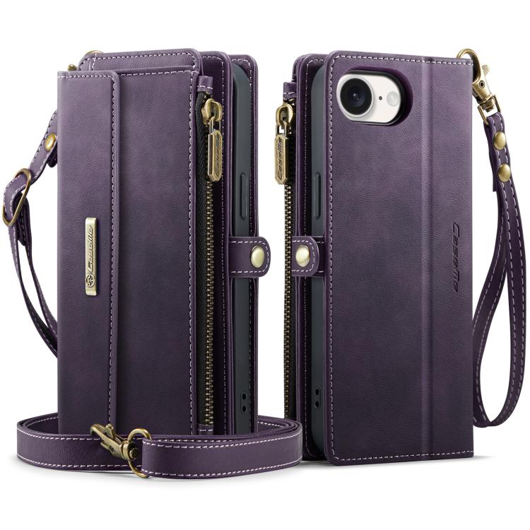 For iPhone 17e / 16e CaseMe C39 RFID Blocking Zipper Wallet Leather Phone Case with Crossbody Strap