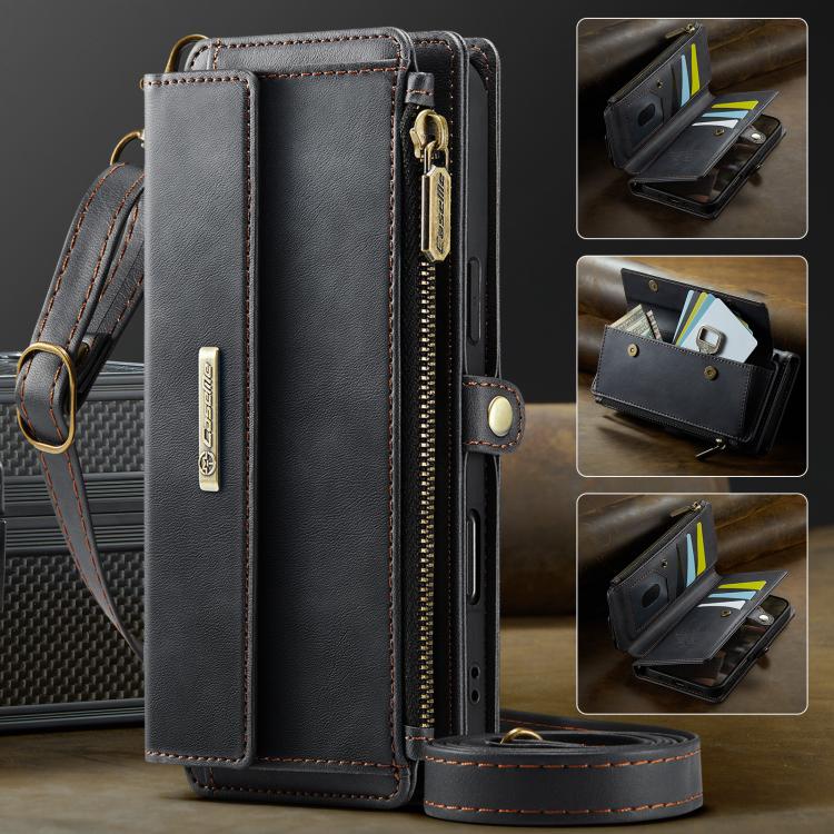 For iPhone Air CaseMe C39 RFID Blocking Zipper Wallet Leather Phone Case with Crossbody Strap