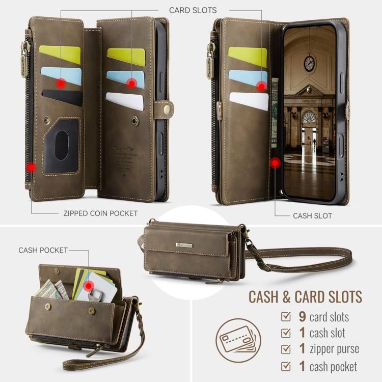 For iPhone Air CaseMe C39 RFID Blocking Zipper Wallet Leather Phone Case with Crossbody Strap