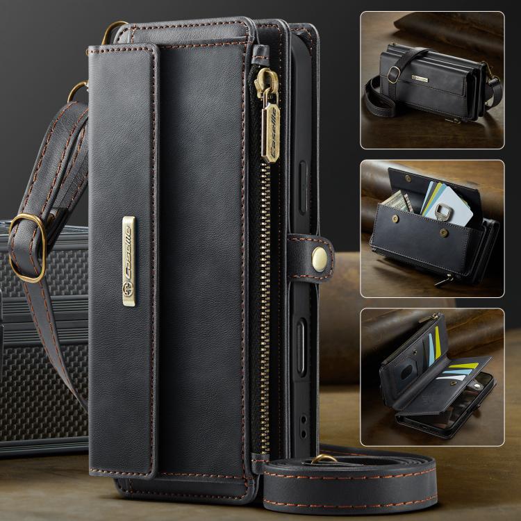 For iPhone 17 Pro CaseMe C39 RFID Blocking Zipper Wallet Leather Phone Case with Crossbody Strap