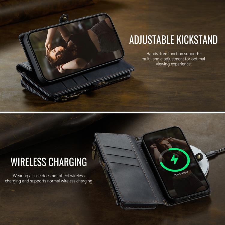 For iPhone 17 Pro CaseMe C39 RFID Blocking Zipper Wallet Leather Phone Case with Crossbody Strap