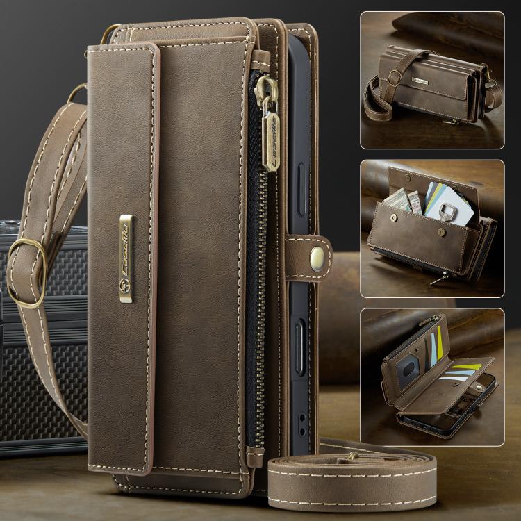 For iPhone 17 Pro CaseMe C39 RFID Blocking Zipper Wallet Leather Phone Case with Crossbody Strap