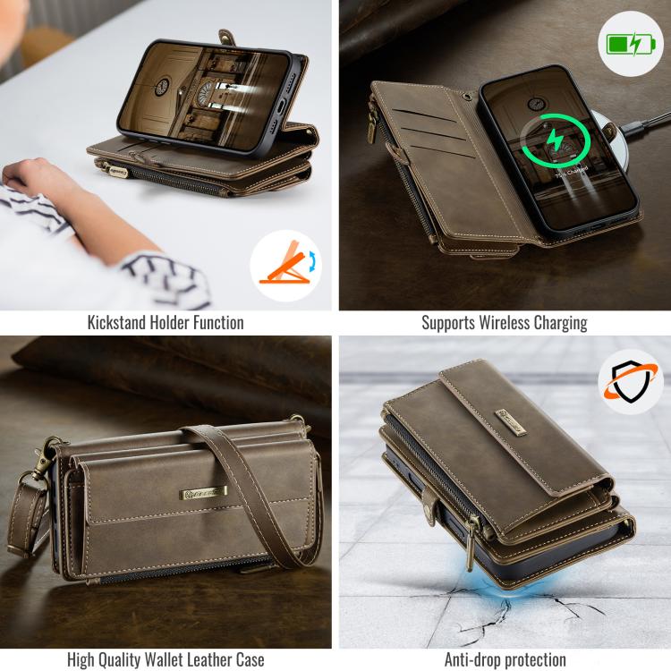 For iPhone 17 Pro CaseMe C39 RFID Blocking Zipper Wallet Leather Phone Case with Crossbody Strap