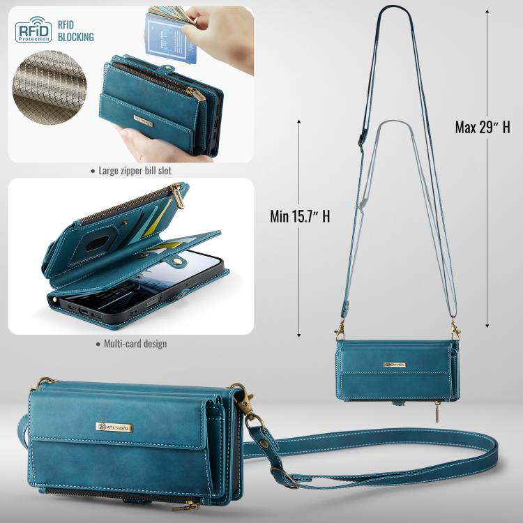 For iPhone 17 Pro CaseMe C39 RFID Blocking Zipper Wallet Leather Phone Case with Crossbody Strap