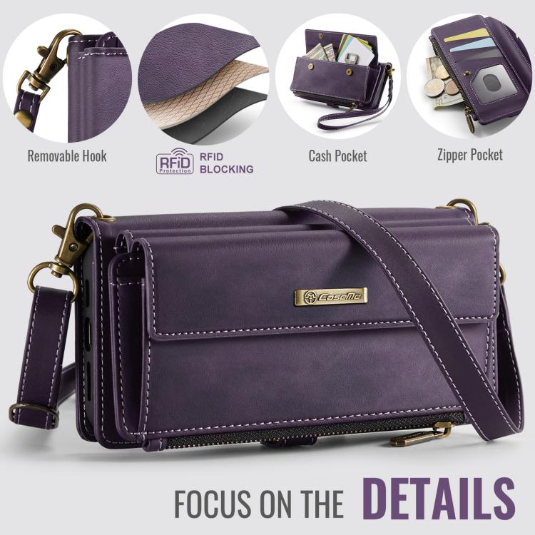 For iPhone 17 Pro CaseMe C39 RFID Blocking Zipper Wallet Leather Phone Case with Crossbody Strap