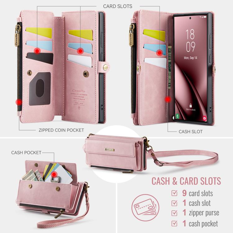 For Samsung Galaxy S25 Ultra 5G CaseMe C39 RFID Blocking Zipper Wallet Leather Phone Case with Crossbody Strap