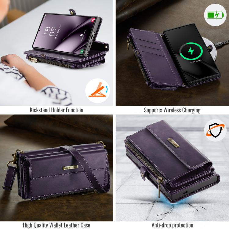 For Samsung Galaxy S25 Ultra 5G CaseMe C39 RFID Blocking Zipper Wallet Leather Phone Case with Crossbody Strap