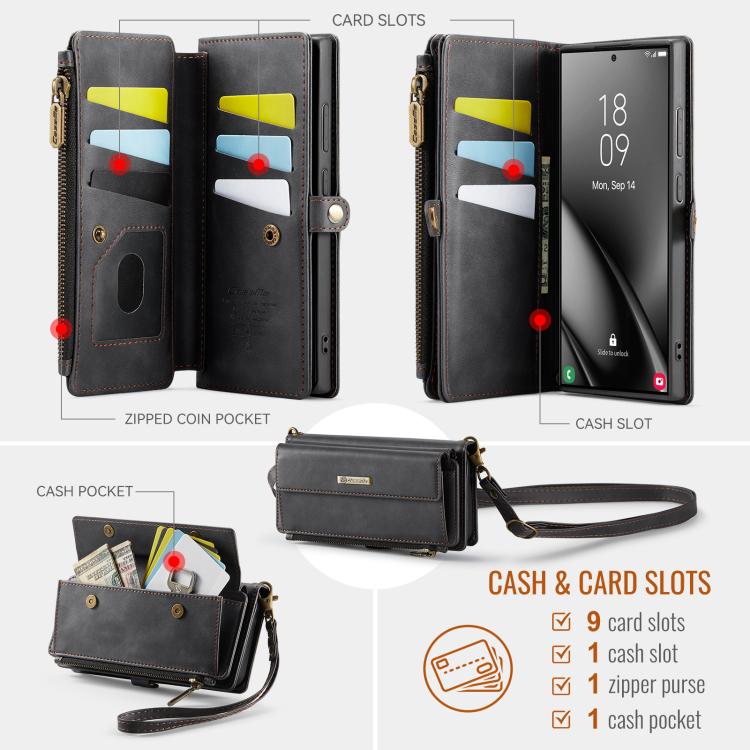 For Samsung Galaxy S24 Ultra 5G CaseMe C39 RFID Blocking Zipper Wallet Leather Phone Case with Crossbody Strap