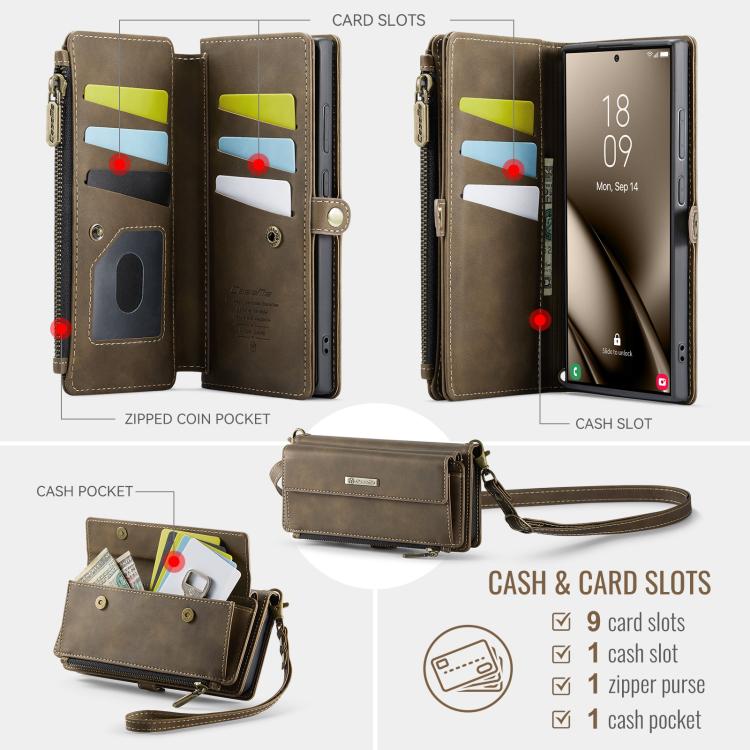 For Samsung Galaxy S24 Ultra 5G CaseMe C39 RFID Blocking Zipper Wallet Leather Phone Case with Crossbody Strap