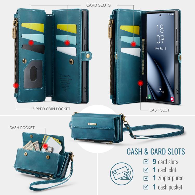 For Samsung Galaxy S24 Ultra 5G CaseMe C39 RFID Blocking Zipper Wallet Leather Phone Case with Crossbody Strap