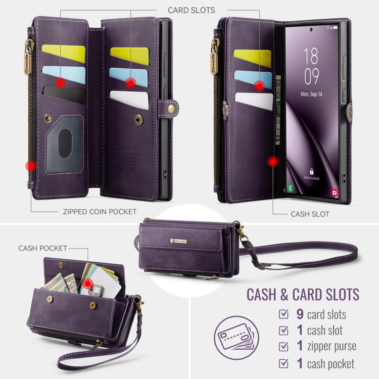 For Samsung Galaxy S24 Ultra 5G CaseMe C39 RFID Blocking Zipper Wallet Leather Phone Case with Crossbody Strap