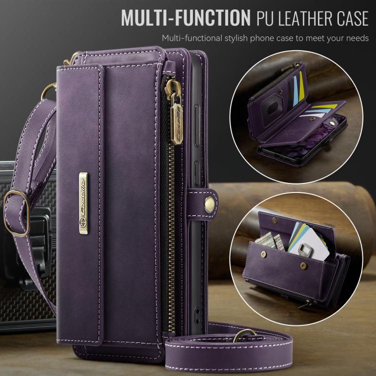 For Samsung Galaxy S24 FE 5G CaseMe C39 RFID Blocking Zipper Wallet Leather Phone Case with Crossbody Strap