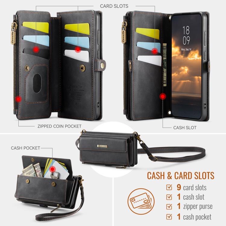 For Samsung Galaxy S23+ 5G CaseMe C39 RFID Blocking Zipper Wallet Leather Phone Case with Crossbody Strap