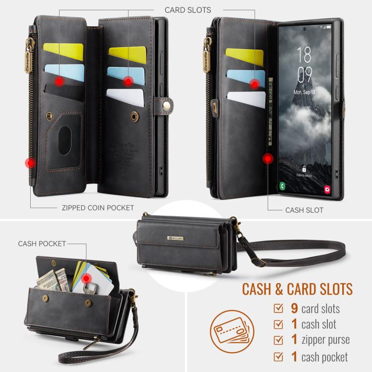For Samsung Galaxy S23 Ultra 5G CaseMe C39 RFID Blocking Zipper Wallet Leather Phone Case with Crossbody Strap
