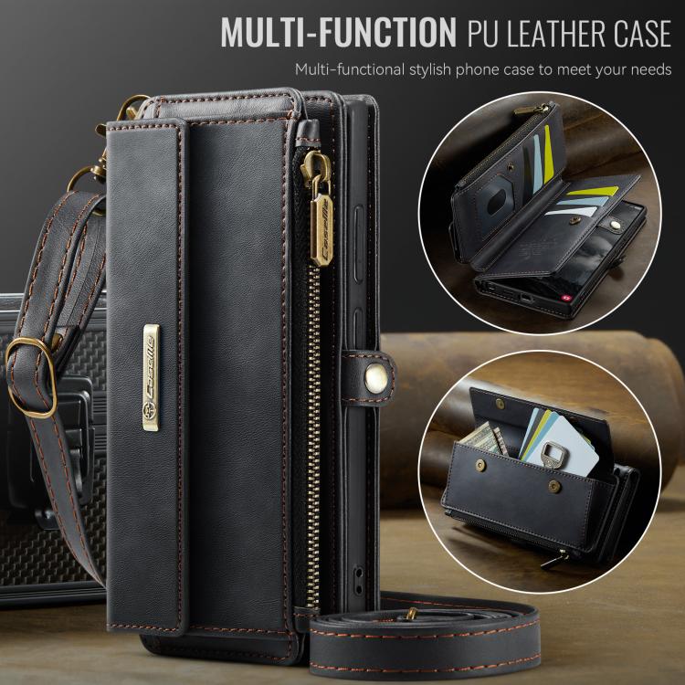For Samsung Galaxy S23 Ultra 5G CaseMe C39 RFID Blocking Zipper Wallet Leather Phone Case with Crossbody Strap