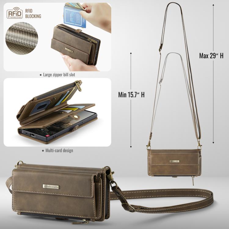 For Samsung Galaxy S23 Ultra 5G CaseMe C39 RFID Blocking Zipper Wallet Leather Phone Case with Crossbody Strap